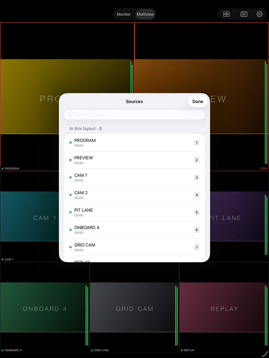 NDI MViewer Sources list on iPad: the eight sources in the current layout with their tile numbers (demo sources)