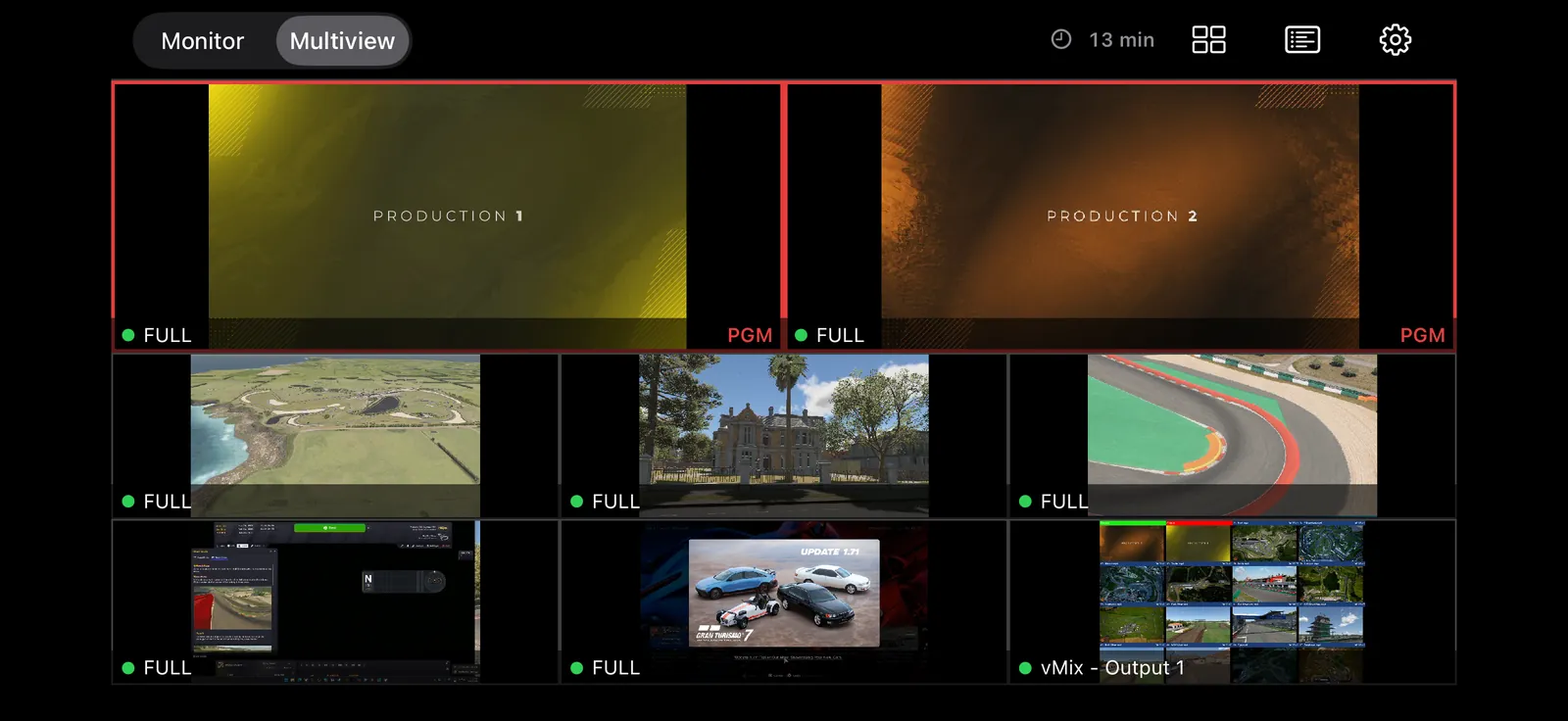 NDI MViewer on iPhone in landscape: the 2 + 6 multiview with two program tiles in a red tally frame and six live NDI sources