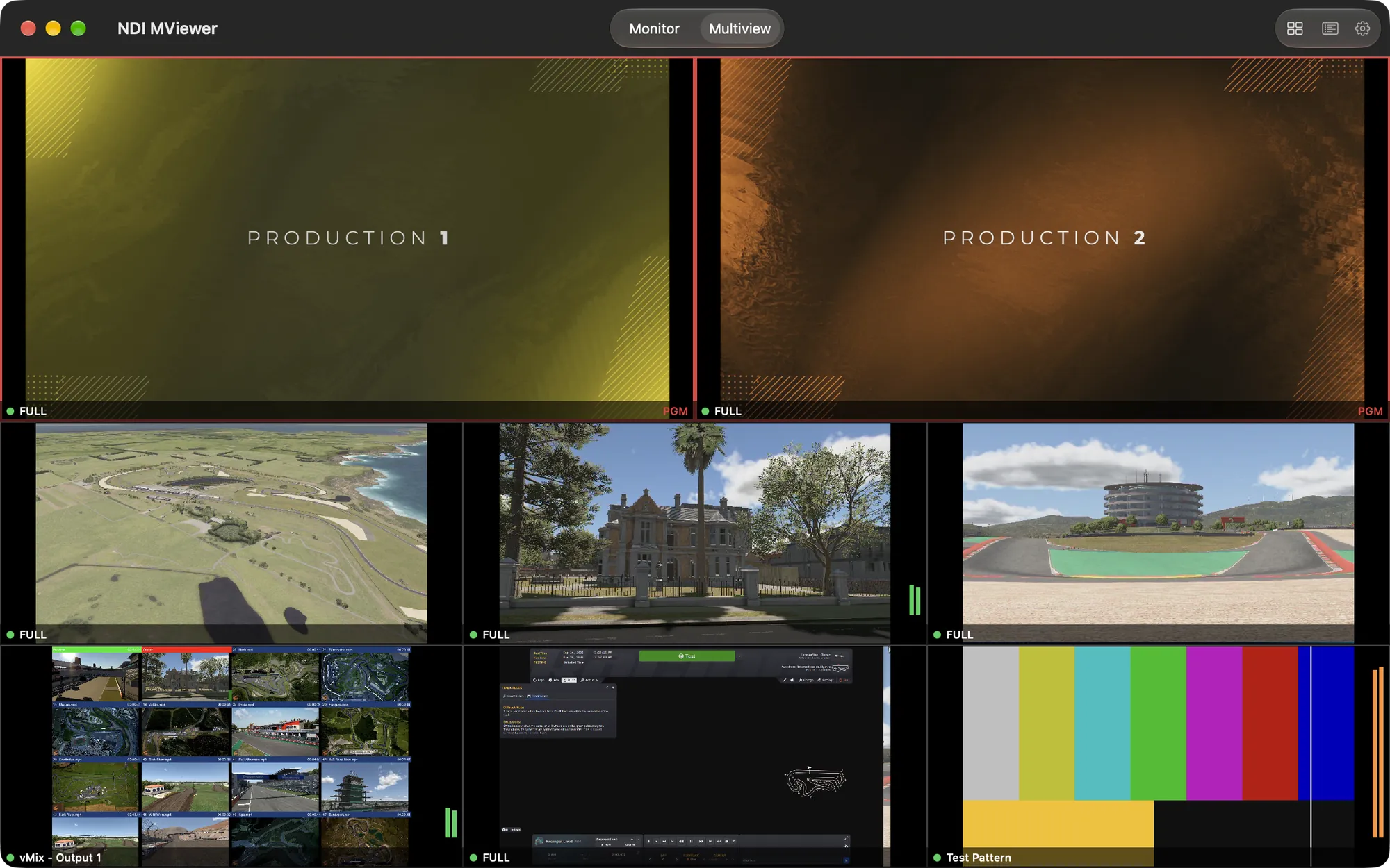 NDI MViewer on the Mac in the 2 + 6 layout: two program tiles with red tally frame and PGM label above six live NDI sources, one of them a test pattern